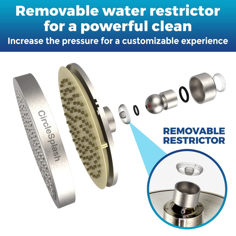 CircleSplash High Pressure Shower Head - Anti-Clogging Silicone Nozzles - 2.5 GPM Removable Restrictor - Easy to Clean Adjustable Replacement - easy to install with Plumbers Tape - 6 inch - Brushed Nickel Finish - Image 3